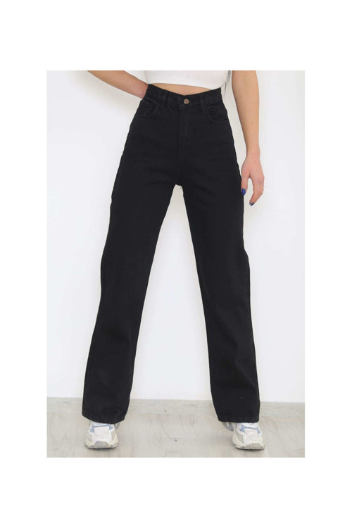 Pamela Kadın 90's Yüksek Bel Solmayan Siyah Wide Leg Likralı Palazzo Jeans Pantolon