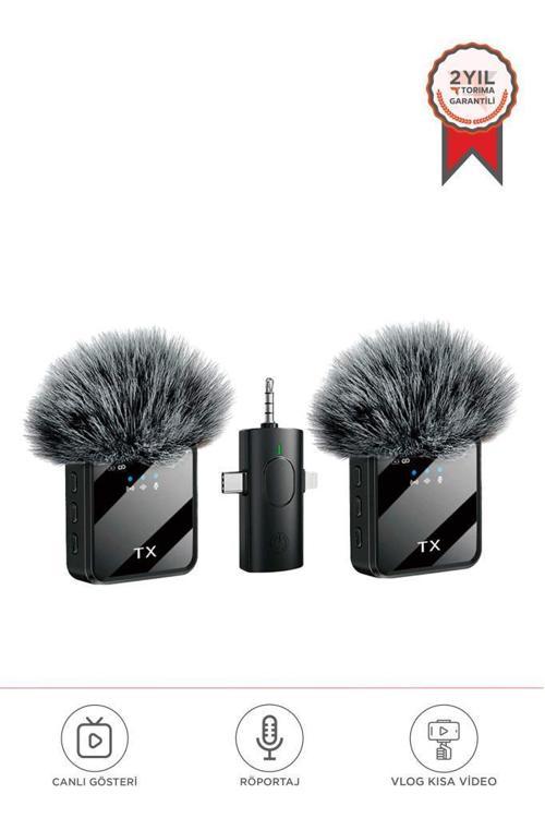 F11-2 Type-C + Lightning + Aux 2li 3in1 Kablosuz Yaka Mikrofonu