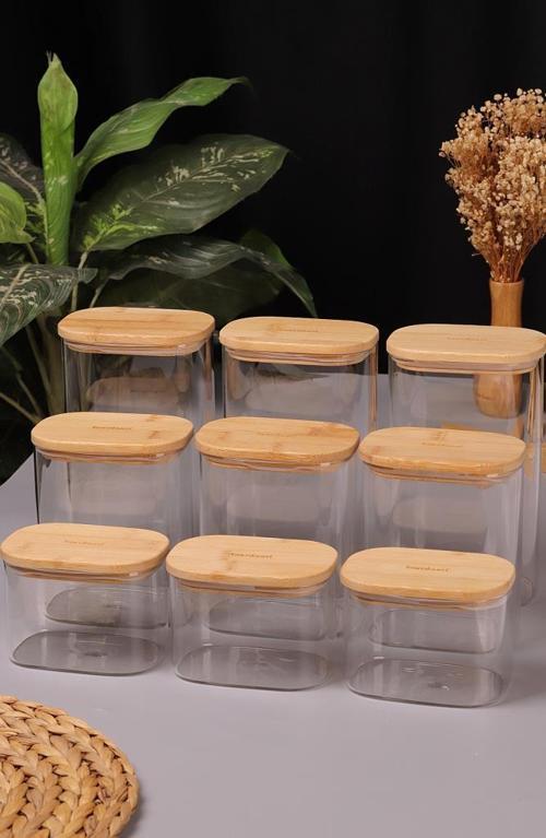 Multy 9'lu Bambu Kapaklı Cam Saklama Kabı 600ml + 1000ml + 1500ml