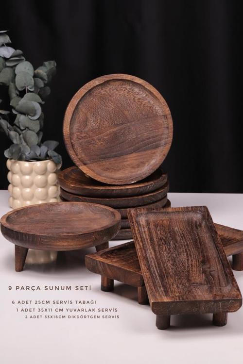 9 Parça Pavlonya Shadow Ahşap Sunum Seti – Yuvarlak ve Dikdörtgen Ayaklı Servis Tabakları