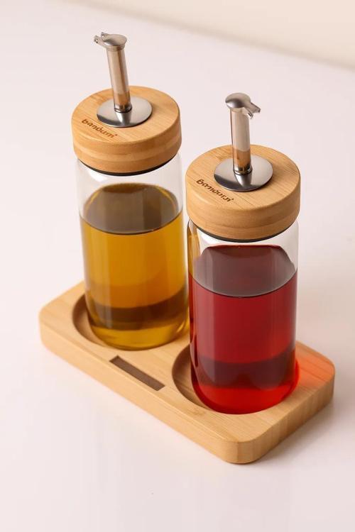 Bambu Kapaklı Cam Yağlık & Sirkelik Seti – 2'li Standlı 200ml