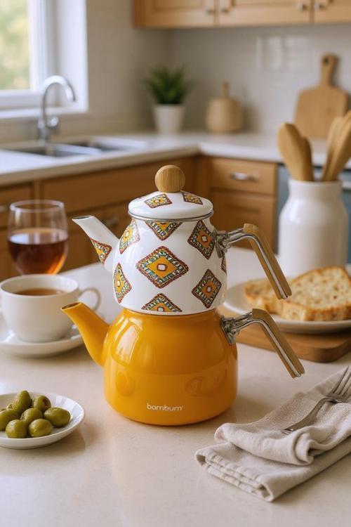 Unique - Bambu Kulplu Çaydanlık Takımı Hardal
