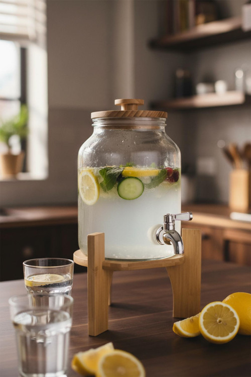 Fuente - Bambu Kapak ve Standlı Cam Sebil 3L