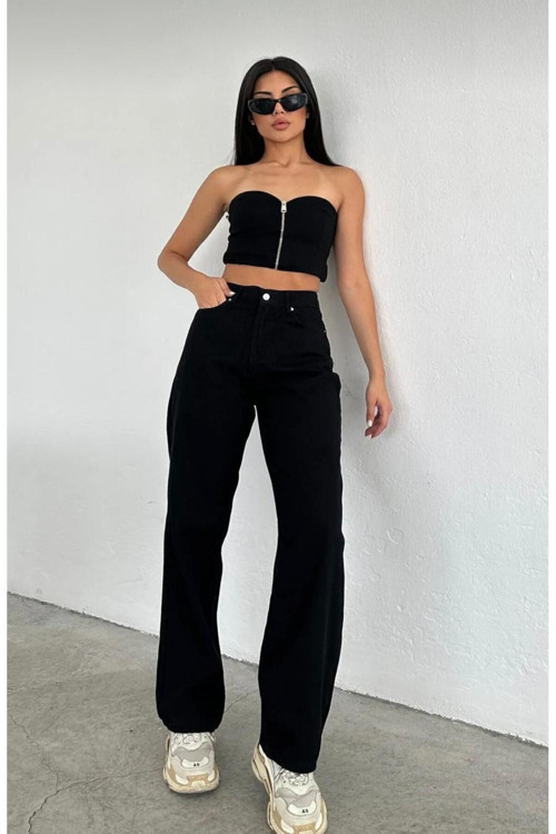 Ganikus Pamela Siyah Salaş Kot Likralı Palazzo Bol Paça Jeans Kot Pantolon New Sezon