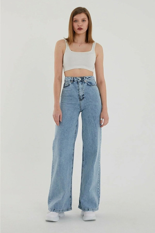 Kar Açık Mavi Salaş Paça Palazzo Solmaz Jeans Pantolon