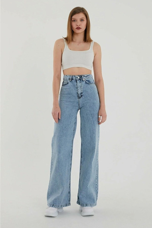 Ganikus Jns Salaş Kar Yıkama Mavi Kot Yüksek Bel Likralı Palazzo Bol Paça Jeans 2025