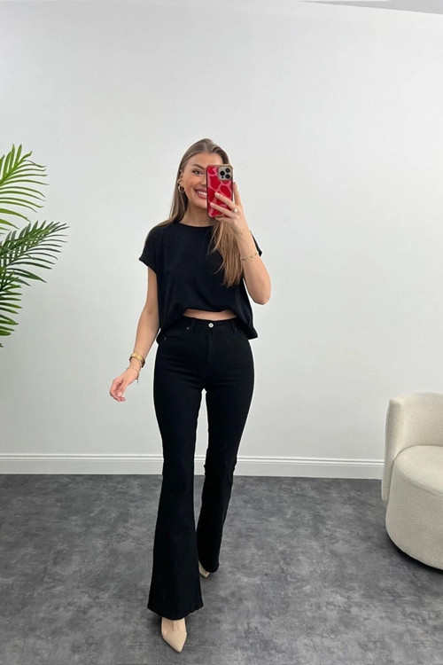 Pamela Kadın 90's Siyah İspanyol Paça Yüksek Bel Extra Likralı Jeans Kot Pantolon
