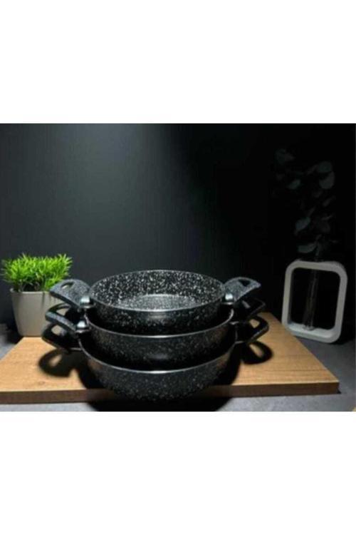 Kizilelmada Dayanıklı Siyah Granit 3’Lü Tava Seti (20-22-24 Cm) – Isıya Dayanıklı, Şık Tasarım