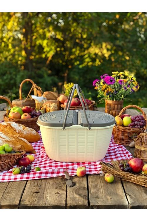 Kizilelmada Krem Renkli Plastik Piknik Sepeti – 25L 50X33, 5X27 Cm