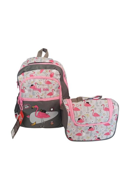 Kids Flamingo Temalı 2 Gözlü İlkokul Çantası 2’Li Set – Beslenme Çantalı
