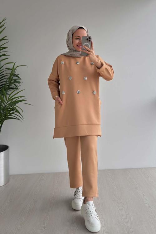 Bisiklet Yaka Taşlı Scuba Takım - Camel