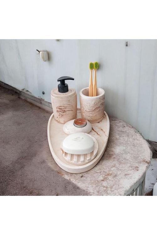 5'Li Mermer Desenli Beton Banyo Seti , Sıvı Sabunluk Diş Fırçalığı Aksesuar