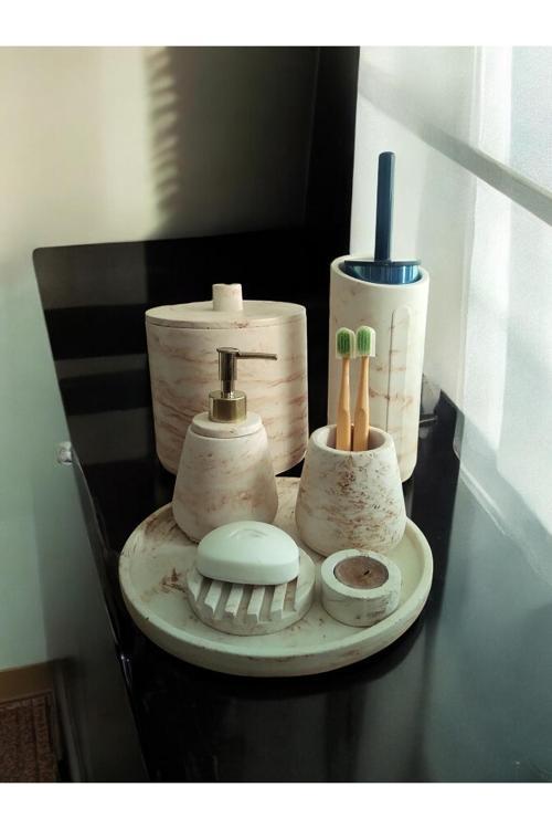 Bej Beton Banyo Seti,Tuvalet Fırçası,Çöp Kovası,Katı,Sıvı Sabunluk,Sunum Tepsisi,Mumluk