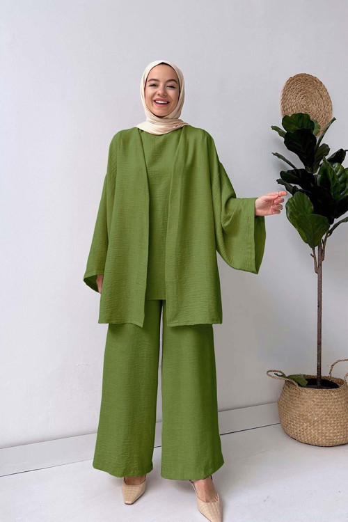 Üçlü Keten Takım - Haki
