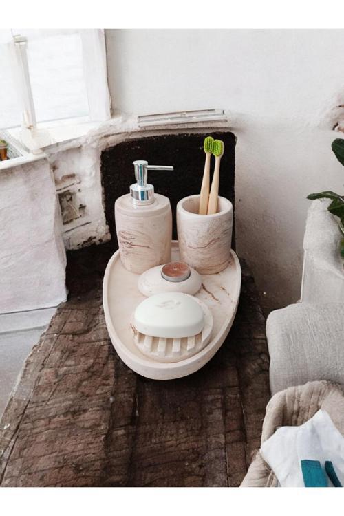 5'Li Mermer Desenli Beton Banyo Seti ,Sabunluk,Diş Fırçalığı,Tepsi,Mumluk,Havluluk, Aksesuar