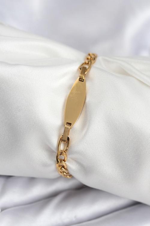 316L Çelik Gold Renk Oval Yazı Yazmaya Uygun Kadın Bileklik 7917