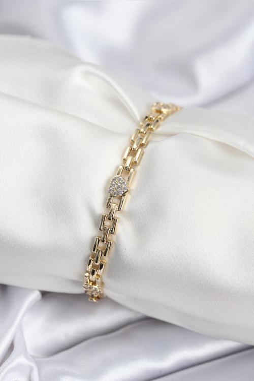 Pirinç VIP Seri Gold Renk Zincir Model Kalpli Zirkon Taşlı Kadın Bileklik 7929