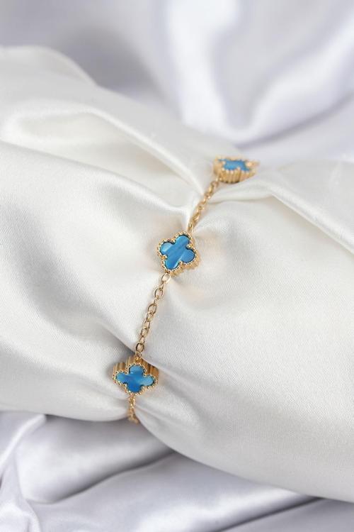 316L Çelik Gold Renk Buz Mavisi Baby Boy Yonca Kadın Bileklik 7948