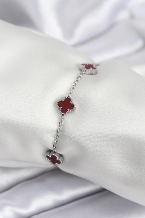 316L Çelik Gümüş Renk Bordo Baby Boy Yonca Kadın Bileklik 7951