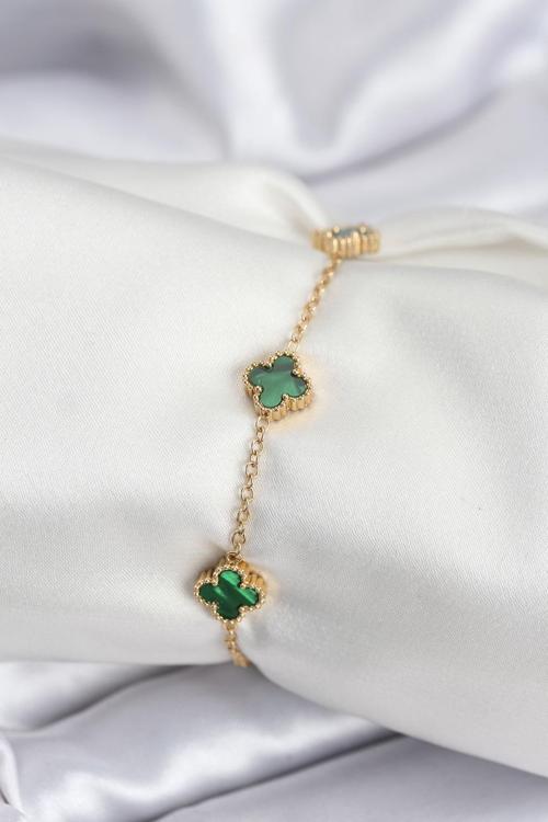 316L Çelik Gold Renk Yeşil Baby Boy Yonca Kadın Bileklik 7944