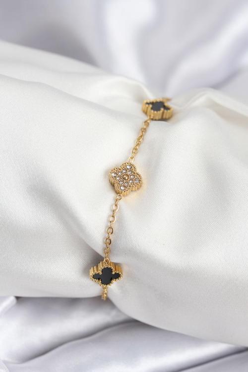 316L Çelik Gold Renk Siyah ve Zirkon Taşlı Baby Boy Yonca Kadın Bileklik 7953