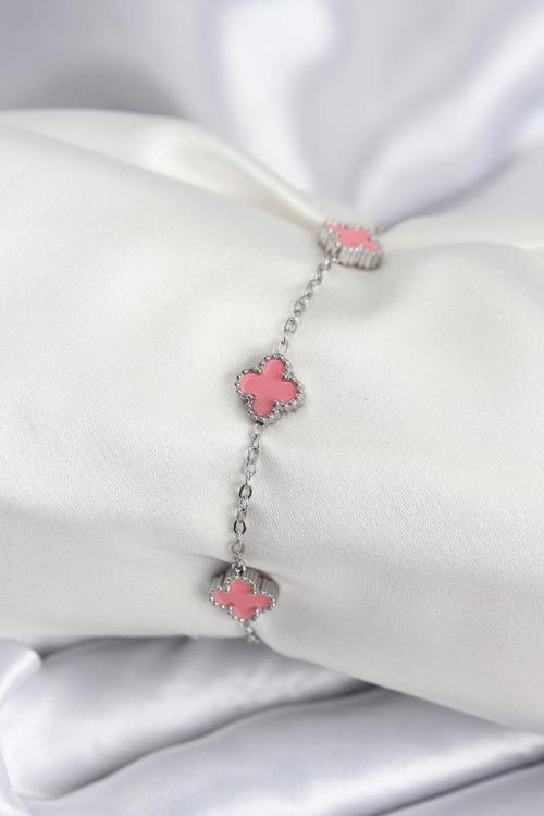 316L Çelik Gümüş Renk Pembe Baby Boy Yonca Kadın Bileklik 7947