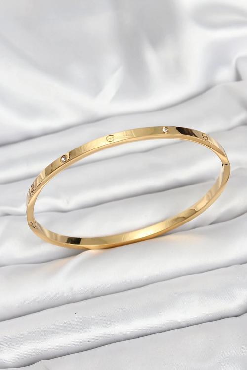 316L Çelik Gold Renk Zirkon Taşlı 65 mm İnce Kadın Kelepçe Bileklik