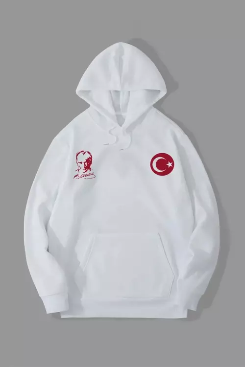 10 Kasıma Özel Üç İplik Kapüşonlu Baskılı SweatShirt - Beyaz
