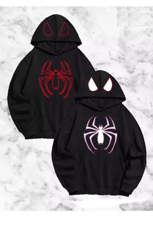 Örümcek Baskılı Sevgili Çift Kombini Kapüşonlu Sweatshirt & Hodie - Siyah