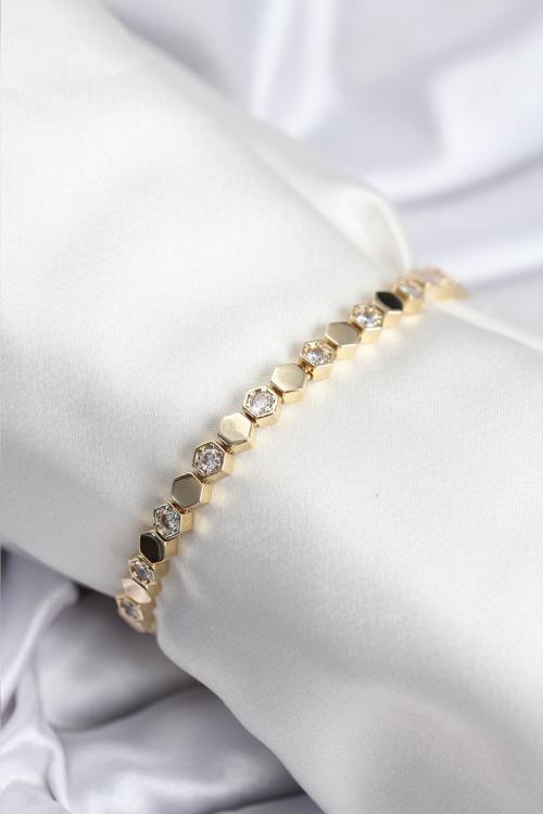 Pirinç VIP Seri Gold Renk Petek Model Kadın Bileklik 7925