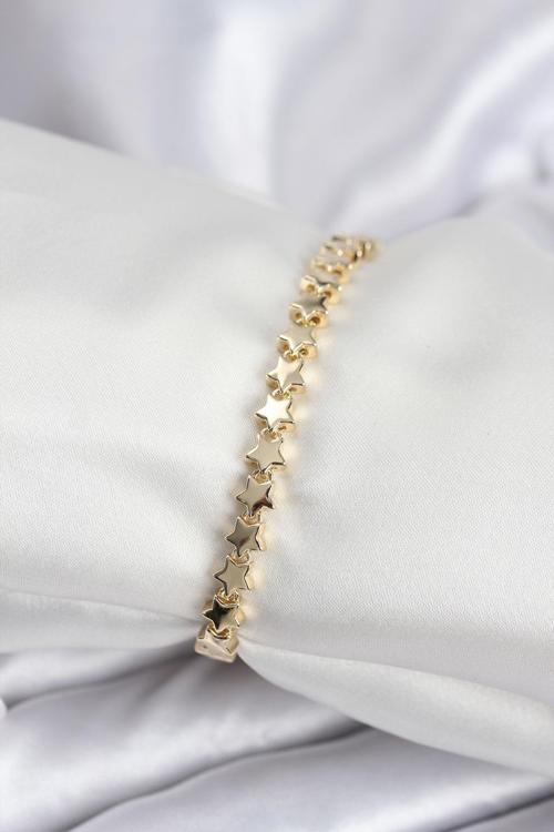 Pirinç VIP Seri Gold Renk Sıralı Yıldız Model Kadın Bileklik 7939