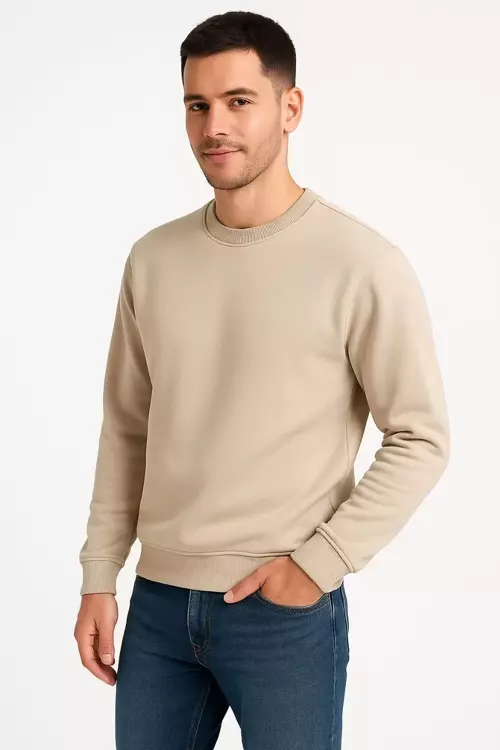 Erkek Üç İplik Düz Bisiklet Yaka SweatShirt - Bej