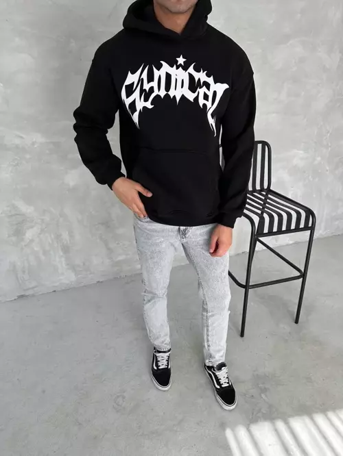 Unisex Üç İplik Kapüşonlu Baskılı SweatShirt - Siyah
