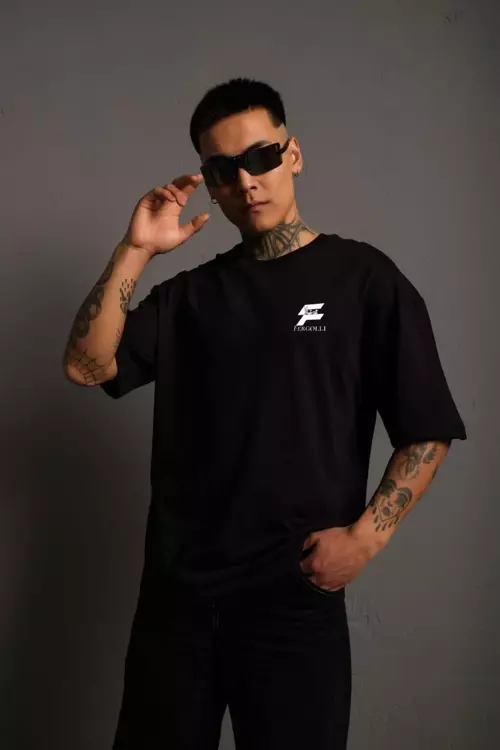 Unisex Bisiklet Yaka Baskılı Oversize T-Shirt - Siyah