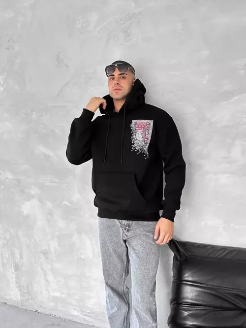 Uzun Kol Kapüşonlu Ön Ve Arka Baskılı SweatShirt - Siyah