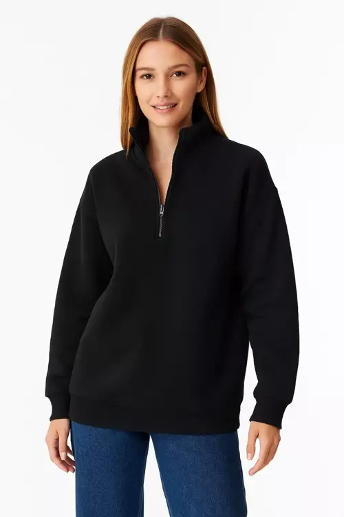 Kadın Üç İplik Dık Yaka Yarım Fermuarlı SweatShirt - Siyah