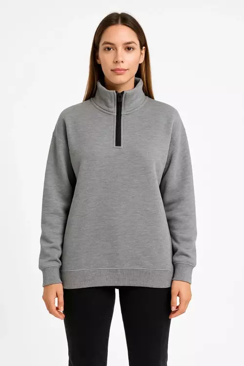 Kadın Üç İplik Dık Yaka Yarım Fermuarlı SweatShirt - Gri