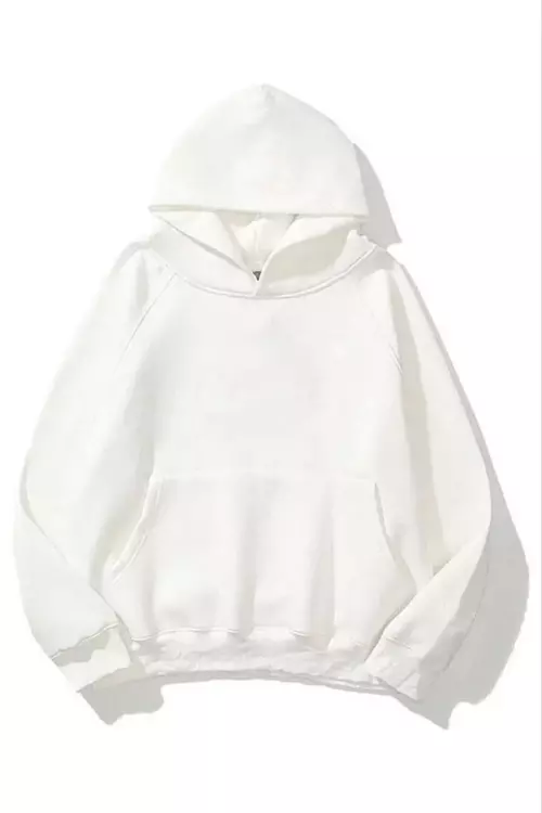 3 İplik Pamuklu Unisex Kapşonlu Sweetshirt - Beyaz