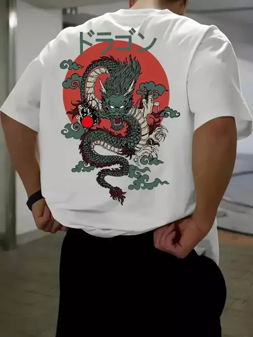 20/1 Penye Compack Ön Arka Ejder Baskılı Oversize Bisiklet Yaka T-shirt - Beyaz