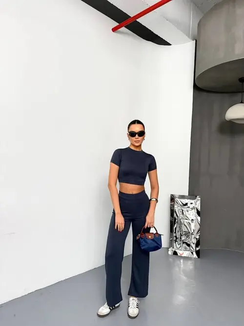 Osy Modal Yumuşak Dokulu Kumaş Kısa Kollu Crop Alt ispanyol Paça Pantalon ikili Takım - Füme