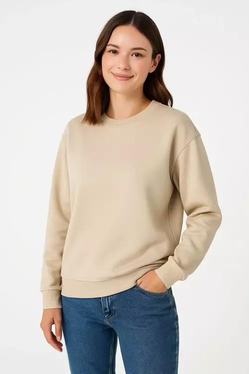 Kadın Üç İplik Düz Bisiklet Yaka SweatShirt - Bej