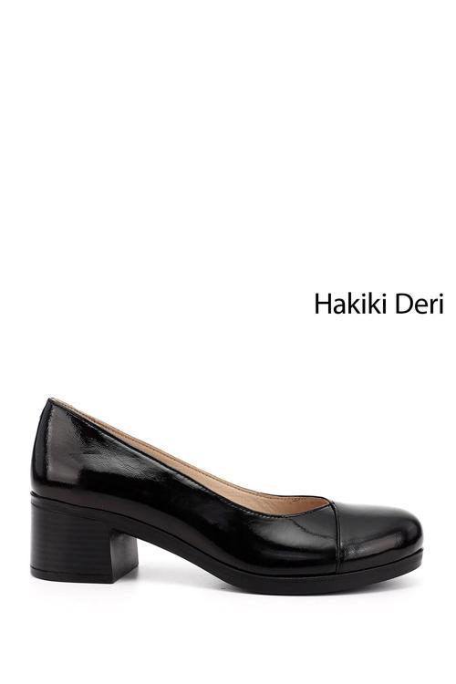 Kadın Siyah Rugan Kısa Kalın Topuklu Hakiki Deri Ayakkabı