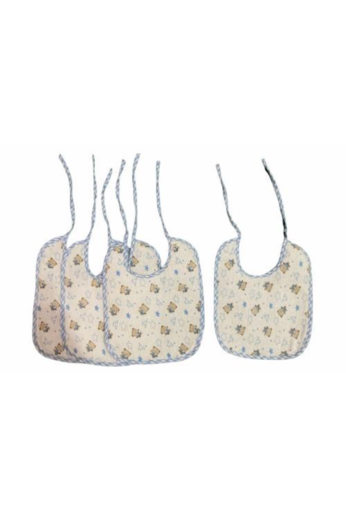4'Lü Mavi Ayıcık Desenli Arkası Muşambalı Bebek Mama Önlüğü 0-24 Ay (15X20 Cm)