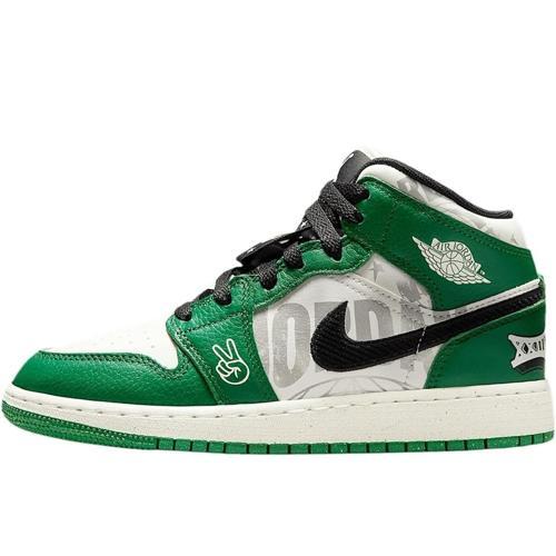 Air Jordan 1 Mid Special Edicion Leather Unisex Sneaker Hakiki Deri Günlük Spor Ayakkabı Beyaz-Yeşil