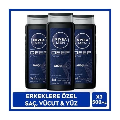Nıvea MEN Erkek Deep Dimension Duş Jeli 500ml, 3ü1Arada Komple Bakım, Vücut Saç Yüz, Erkeksi Koku, X3Adet