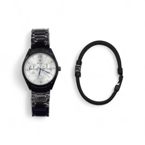 S Polo Erkek Saat Bileklik  Kombin Set Kutu Stil-2 Siyah Renk