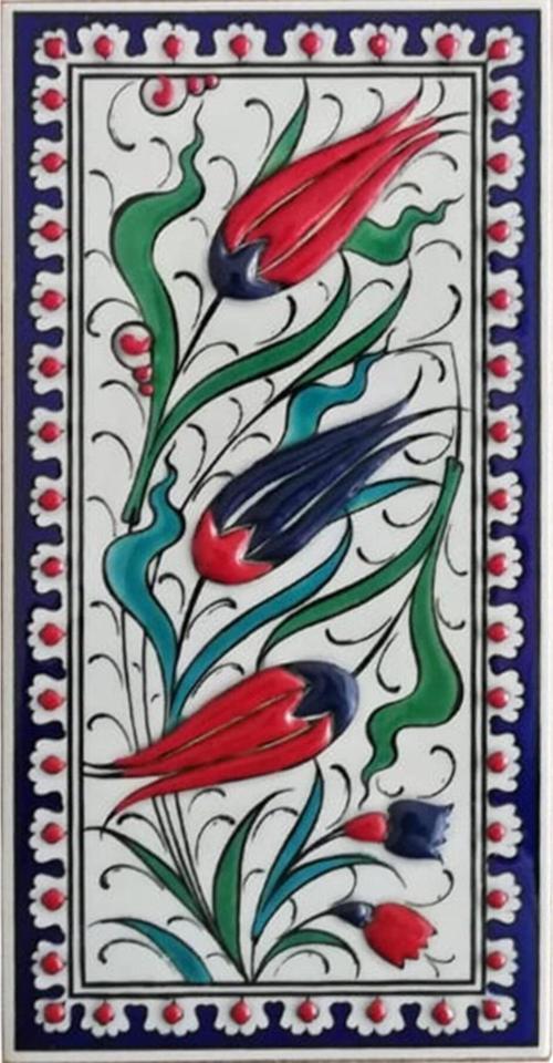 10x20 cm Ed 216 Kobalt Üç Lale El Dekoru Çini Karo