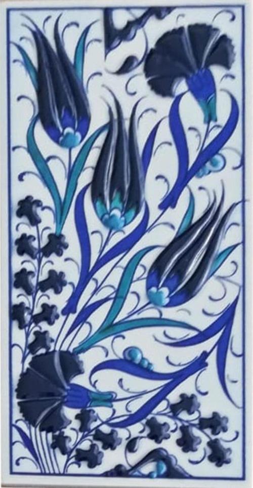 10x20 cm Ed 224 Üç Lale Mavi Beyaz El Dekoru Çini Karo