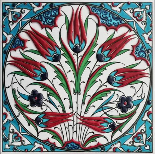 20x20 Cm Ed 334 Turkuaz Lalezar Desenli Eldekoru Çini Karo