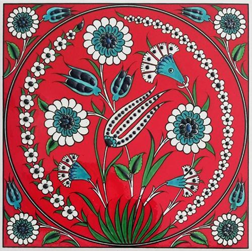 20x20 Cm Ed 340 Kırmızı Lale Desenli Eldekoru Çini Karo